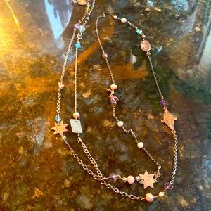 Sterling silver very long with charms and semi precious stones necklace